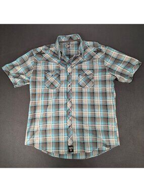 Rock 47/Wrangler Teal Plaid Mens XL Short Sleeve Pearl Snap Shirt